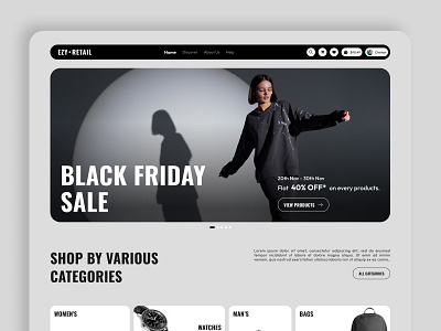 B&W E-Commerce Website black and white website e commerce website hero section landing page minimal design ui design uiux design website design