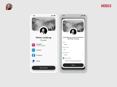 Digital Business Card & Contact Form Interface ✦ Mobilo Card app ux digital solutions edit tools personalization ux ui design user interaction