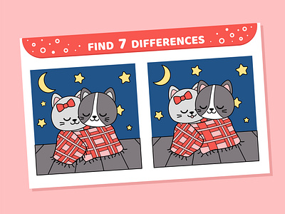 Kittens in love. Find seven differences activity cat find differences game in love kitten roof