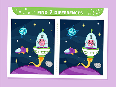 Space game. Find differences activity alien children find differences flying saucer game space