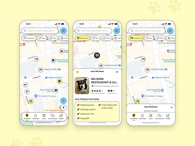 Pet-Friendly Place Locator App app bright cartoon cat dog figma flat location map minimal mobile outline pastel pet stroke ui