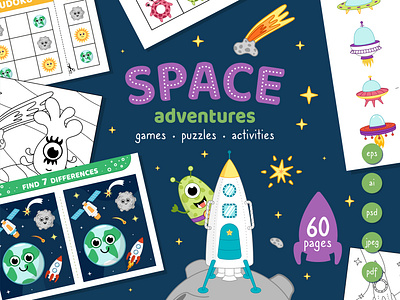 Space adventures. Games and activities for children activity alien children clever flying saucer game planet rocket space