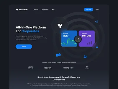 Vestbee landing page darkmode investors landing page matchmaking startups webdesign