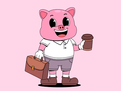 Cartoon pig with coffee cup branding business cartoon character coffee colorful cup cute design graphic design illustration logo pig suitcase ui work