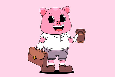 Cartoon pig with coffee cup branding business cartoon character coffee colorful cup cute design graphic design illustration logo pig suitcase ui work