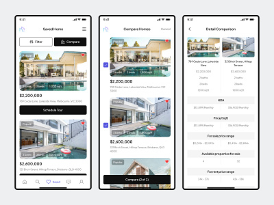 Reales UI Kit - Real Estate App (Saved & Compare Home Screen) estimated value find your home home comparison home finder app home list home list screen home search home value estimator house listing app house tour scheduling mortgage calculator property app property finder property listing property search app real estate real estate app real estate feed real estate marketplace