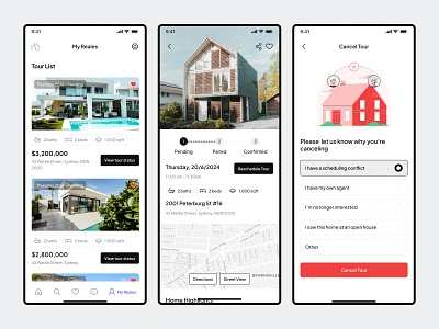 Reales UI Kit - Real Estate App (Tour List & Detail Tour Screen) estimated value estimation value find your home home comparison home finder app home list home list screen home search home value estimator house listing app house tour scheduling mortgage calculator property app property finder property listing property search app real estate real estate app real estate feed real estate marketplace
