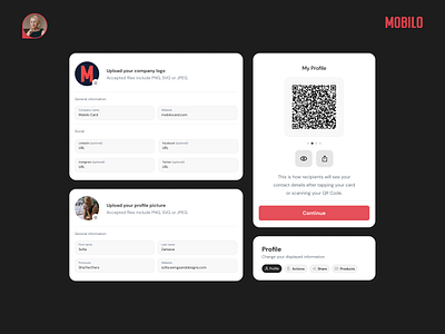 Profile Setup & QR Code Page ✦ Mobilo Card design system digital business card product design profile setup qr code generator ui design user dashboard ux design