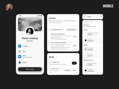 Contact Card Design & Setup ✦ Mobilo Card contact sharing digital business card mobile design networking profile profile sharing qr code ui design