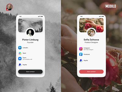 Contact Card Design ✦ Mobilo Card card design digital cards mobile ui profile ui showcase