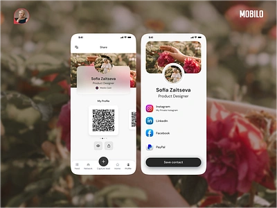 QR Contact Exchange Profiles ✦ Mobilo Card business card clean ui contact sharing minimalist design mobile ux profile design qr code integration