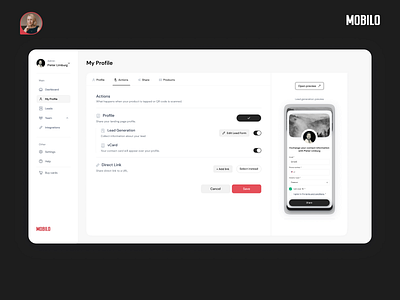 Profile Actions Configuration Page ✦ Mobilo Card action management functional design lead form product customization saas platform ui design user settings