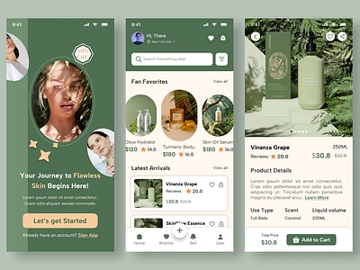 "Minimalist Beauty App Design – Nature-Inspired Shopping" appdesigninspiration beautyapp cleanui designshowcase dribbbleshots ecommerceapp figmadesign greenpalette minimaldesign mobileappdesign modernui natureinspired onboardingscreen productpage shoppingexperience skincareapp softcolors uiuxdesign userexperience userinterface