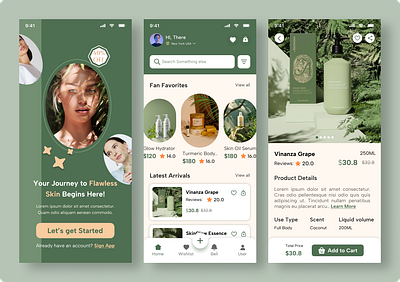 "Minimalist Beauty App Design – Nature-Inspired Shopping" appdesigninspiration beautyapp cleanui designshowcase dribbbleshots ecommerceapp figmadesign greenpalette minimaldesign mobileappdesign modernui natureinspired onboardingscreen productpage shoppingexperience skincareapp softcolors uiuxdesign userexperience userinterface