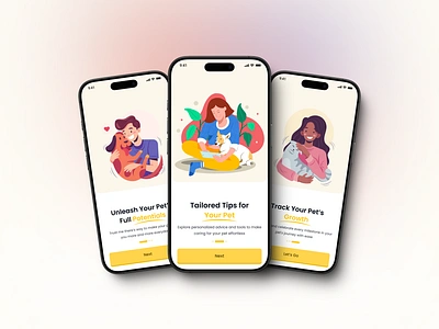 Pet Care App Onboarding Screens animal care app design cat lover clean design digital design dog lover illustrations minimal design mobile app modern ui onboarding pet pet app pet care pet growth pet lover pet owners ui design user experience ux design