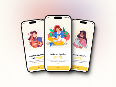 Pet Care App Onboarding Screens animal care app design cat lover clean design digital design dog lover illustrations minimal design mobile app modern ui onboarding pet pet app pet care pet growth pet lover pet owners ui design user experience ux design