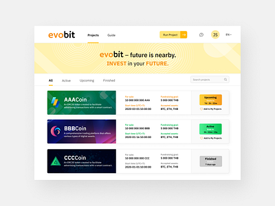 evoBit Launchpad - All Token Sales bitcoin cryptocurrency design finance ico investing launchpad token sale trading ui ux design