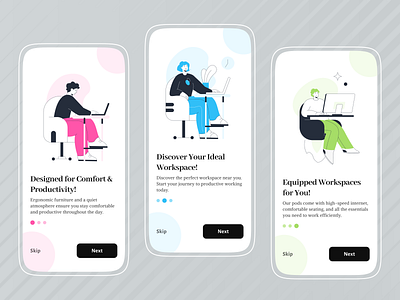 PodFinder- Onboarding Screens for WorkPod app screens find pod mobile app design mobile screens onboarding screens pod finder ui ui design ui screen working pods workpod workspace design