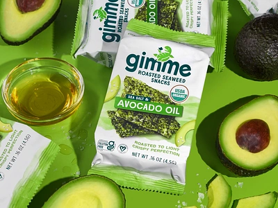 Gimme - Avocado Oil avocado branding dynamic eat food illustration ingredients packaging photography seaweed snack watercolor