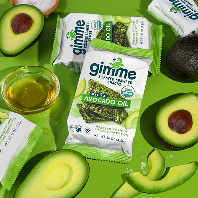 Gimme - Avocado Oil avocado branding dynamic eat food illustration ingredients packaging photography seaweed snack watercolor