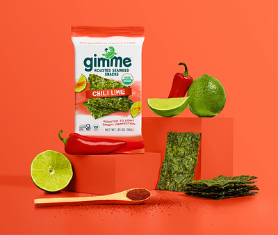 Gimme - Chili Lime branding chili food ingredients lime logo ocean packaging photography seaweed snack watercolor