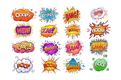 Comic Speech Bubbles bam bang boom bundle comic communication design dialogue graphic illustration omg oops pop art retro set speak speech bubble talk vector wow