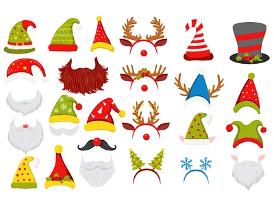 Christmas Hats 2025 cartoon christmas design elf flat graphic hat holiday illustration merry new nose party reindeer santa claus snowflake tree vector year