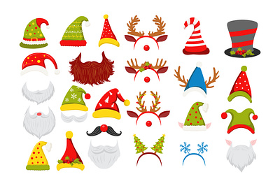 Christmas Hats 2025 cartoon christmas design elf flat graphic hat holiday illustration merry new nose party reindeer santa claus snowflake tree vector year