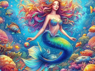 Enchanted Mermaid Dreamscape coral reef digital illustration fantasy art mermaid mythical creatures ocean sea life underwater magic vibrant colors whimsical art