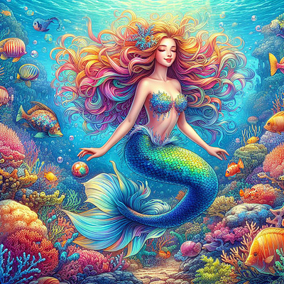 Enchanted Mermaid Dreamscape coral reef digital illustration fantasy art mermaid mythical creatures ocean sea life underwater magic vibrant colors whimsical art