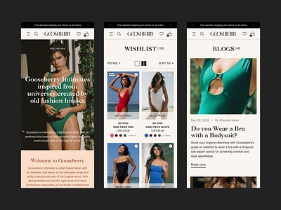 Gooseberry Redesign Mobile Screens branding design design agency ecommerce redesign shopify agency shopify development swimwear ui womens clothing