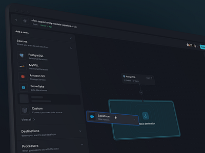 Low-code data pipeline application builder UI - add step add step app builder automation b2b builder data destination data pipeline data source data tool data transform dev tool development eng tool engineering enterprise low code platform process builder process map product design