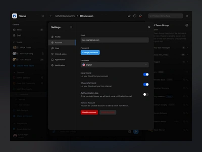 Account Settings account account setting app cansaas clean dark dark mode dashboard design finance fintech app interface profile profile setting saas setting settings team ui ux