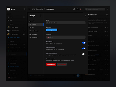 Account Settings account account setting app cansaas clean dark dark mode dashboard design finance fintech app interface profile profile setting saas setting settings team ui ux