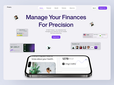 Financ. - Finance Website Hero bank branding clean currency design finance fintech graphic design hero section landing page manern minimalist money startup transaction ui uiux wealth management website website design