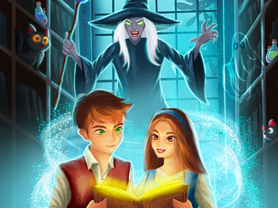 Whispers of the Magic Tome animal art artwork book cover boy and girl character design design digital art digital painting drawing ghost illustration kids magic books spell wizard