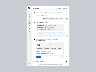 AI Scheduler UI ai ai calendar ai chat icons meeting conflict scheduler sidebar ux web app design