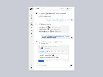 AI Scheduler UI ai ai calendar ai chat icons meeting conflict scheduler sidebar ux web app design