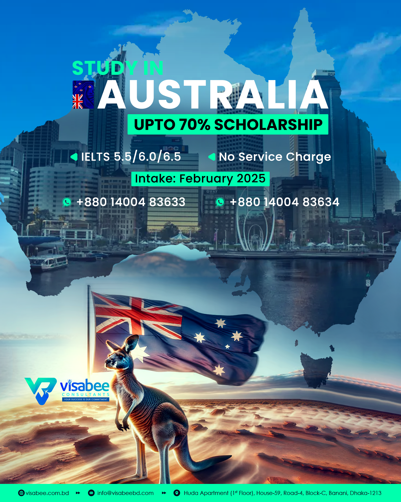 Study in Australia – Facebook Ad Design with Scholarship Highlig academic success promotion ad campaigns australian education australian university programs career opportunities creative layout digital graphics february intake graphic branding higher education goals scholarship opportunities ad scholarship programs student visa services study benefits study in australia guide typography university admission visa services visual design visual marketing