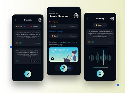 Voice Translate App animation app branding clean dark app design homepage illustration minimal app mobile app translate typography ui ui ux ux visuals voice translate website