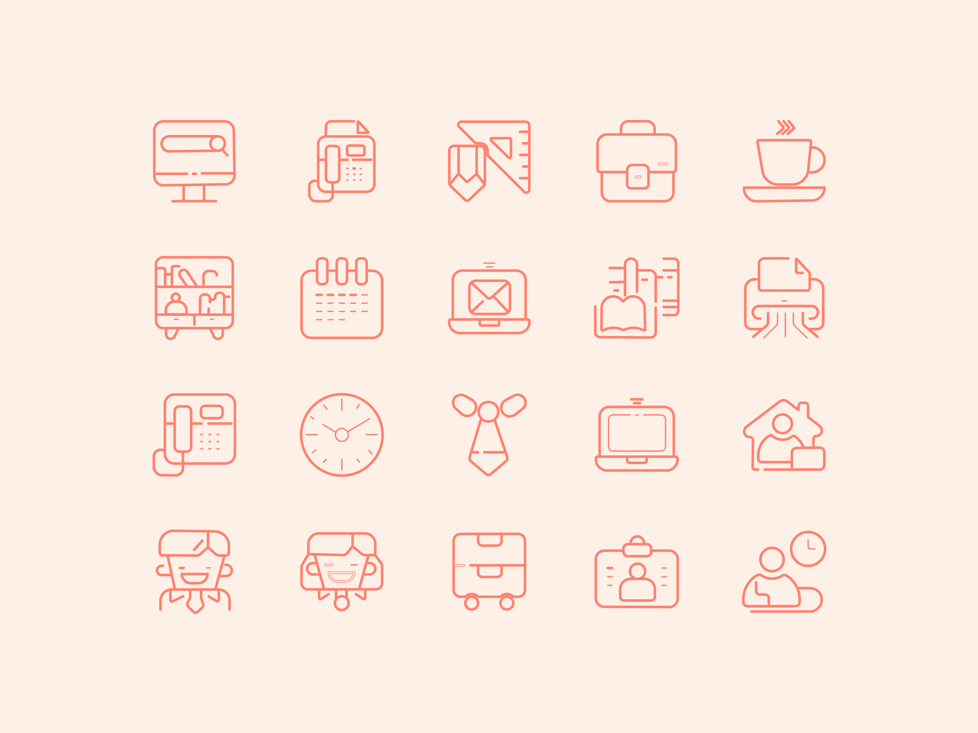 Workplace Line Icons Set badge calendar computer hot drink icon icon set icon world iconography linear marketing monitor notebook outline phone pictogram printer vector