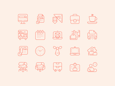 Workplace Icons Set badge calendar computer hot drink icon icon set icon world iconography linear marketing monitor notebook outline phone pictogram printer vector