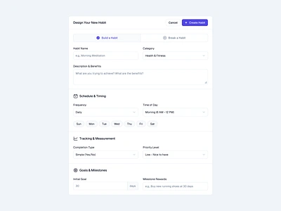 Create Habit Modal create design dialog input minimal modal popup saas select ui web design