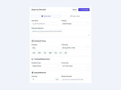 Create Habit Modal create design dialog input minimal modal popup saas select ui web design