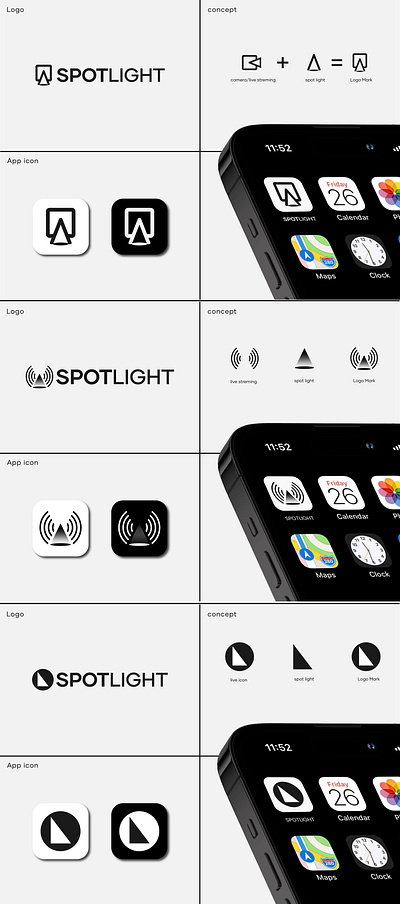 "SPOTLIGHT" logo concepts livestreaming app logo logo spotlight logo