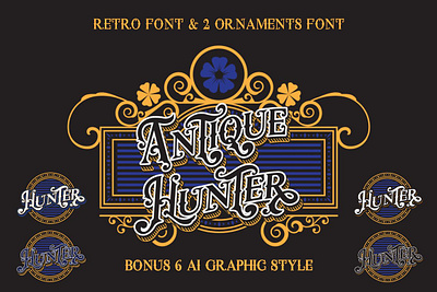 Antique Hunter and Ornaments Fonts antique hunter branding decorative font display font font font bundle font typeface font vintage illustrator logo font ornamental font photoshop swirly font victorian font victorian ornaments vintage vintage font vintage frame wedding font