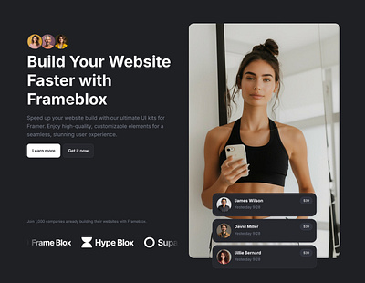 Dark landing page website hero section for Framer - Frameblox UI cta dark ecommerce feedback header headline hero image landing logos notifications popup product review shop social proof toast