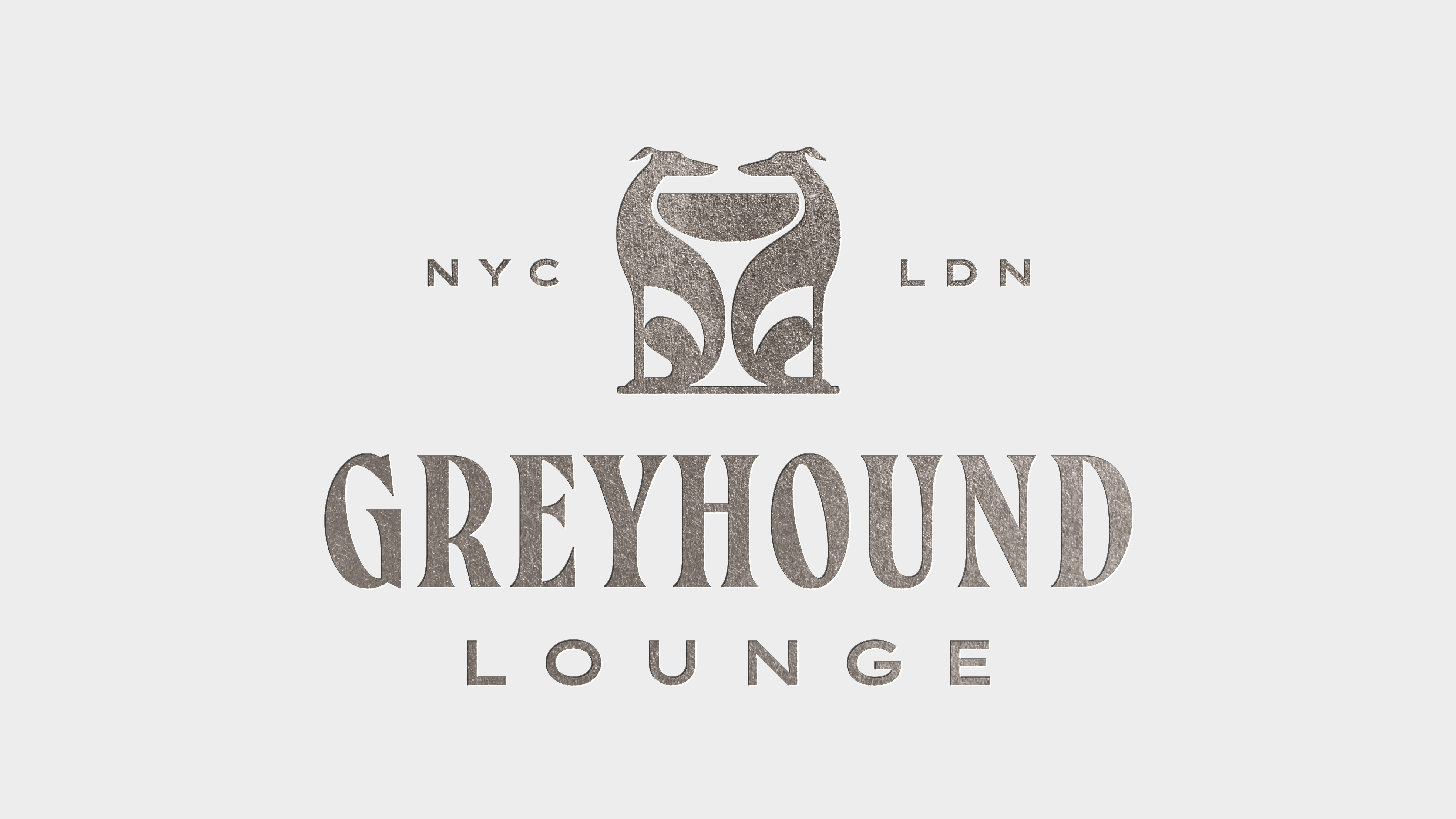Greyhound Lounge bar branding cocktail dog figure and ground greyhound logo lounge silver