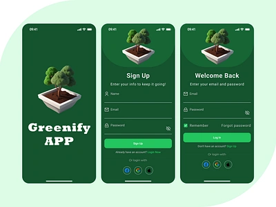 Greenify Mobile App climate action eco friendly environmental awareness gardening login minimalist design mobile app modern design nature care onboarding sign up splash sustainability tree planting ui design uiux