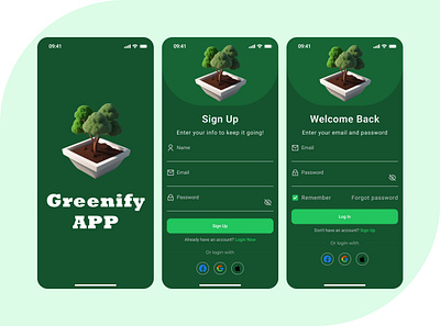 Greenify Mobile App climate action eco friendly environmental awareness gardening login minimalist design mobile app modern design nature care onboarding sign up splash sustainability tree planting ui design uiux